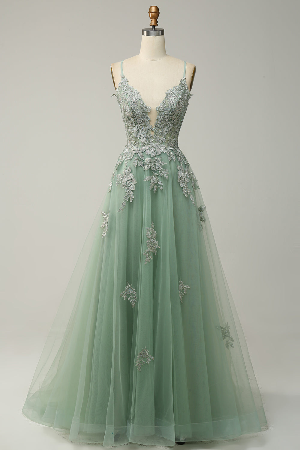 Stylish A-Line Ball Gown with Spaghetti Straps and Lace-Up Back - Julia