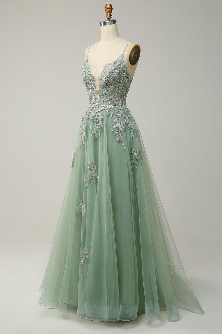 Stylish A-Line Ball Gown with Spaghetti Straps and Lace-Up Back - Julia