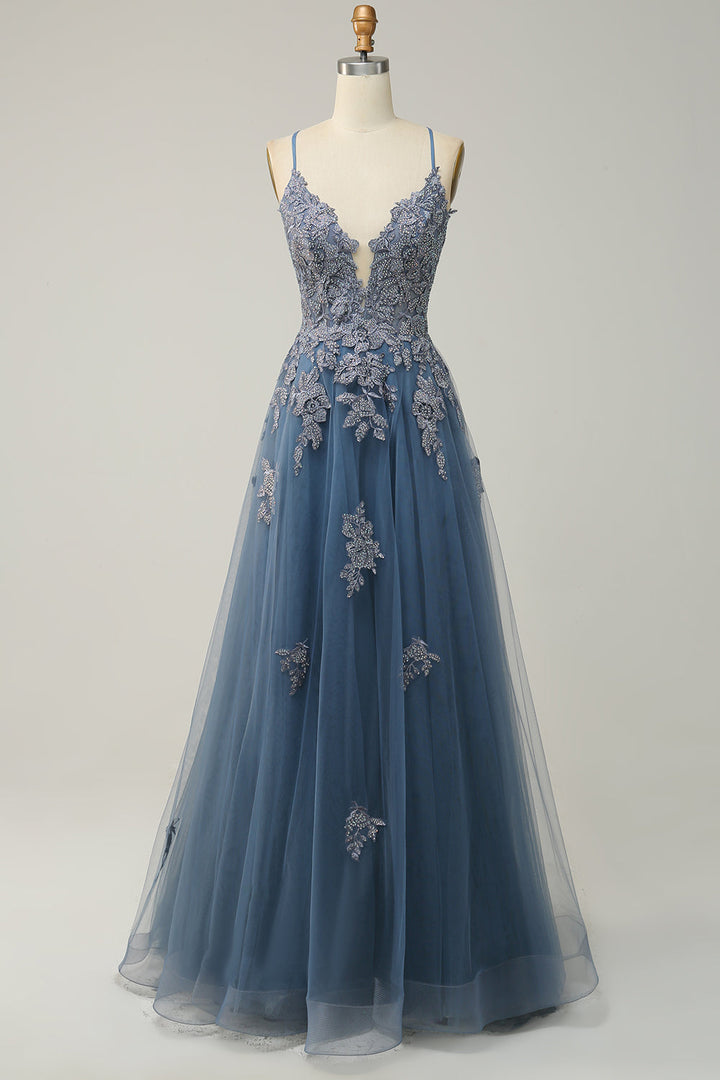 Stylish A-Line Ball Gown with Spaghetti Straps and Lace-Up Back - Julia