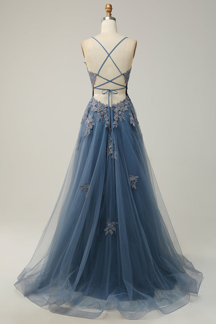 Stylish A-Line Ball Gown with Spaghetti Straps and Lace-Up Back - Julia