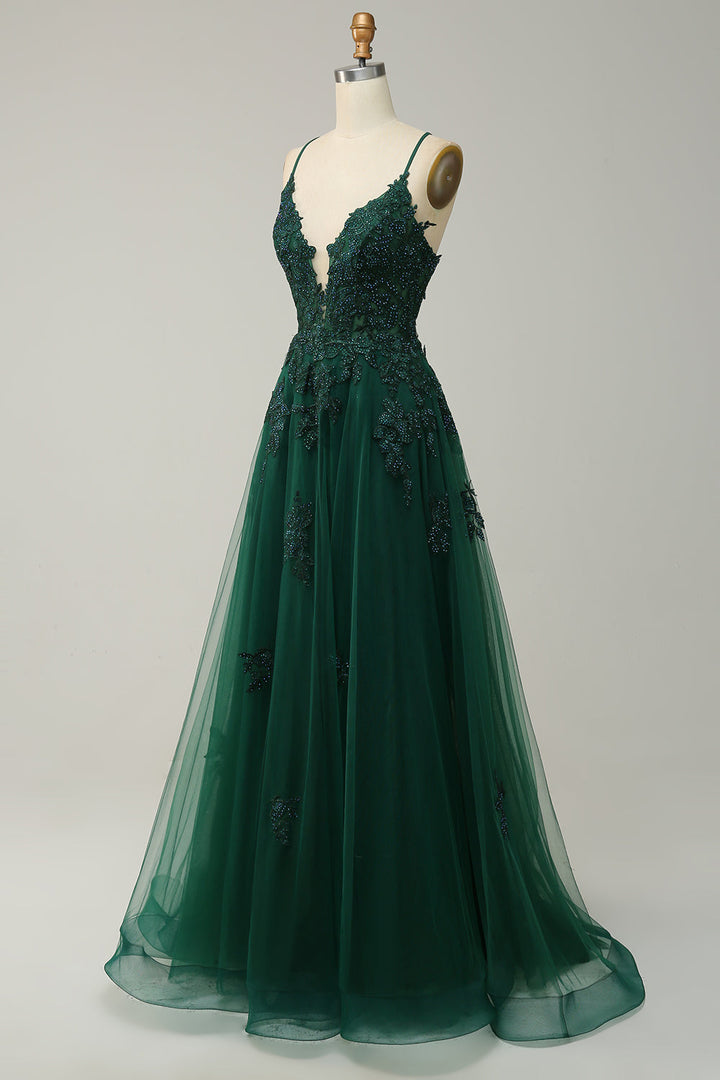 Stylish A-Line Ball Gown with Spaghetti Straps and Lace-Up Back - Julia