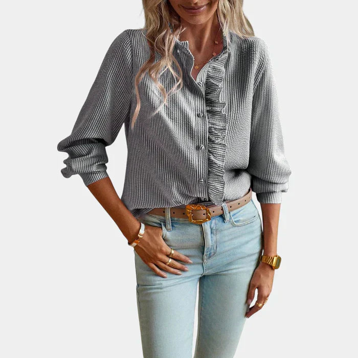 Striped Women's Blouse with Ruffles and Elegant Button Closure