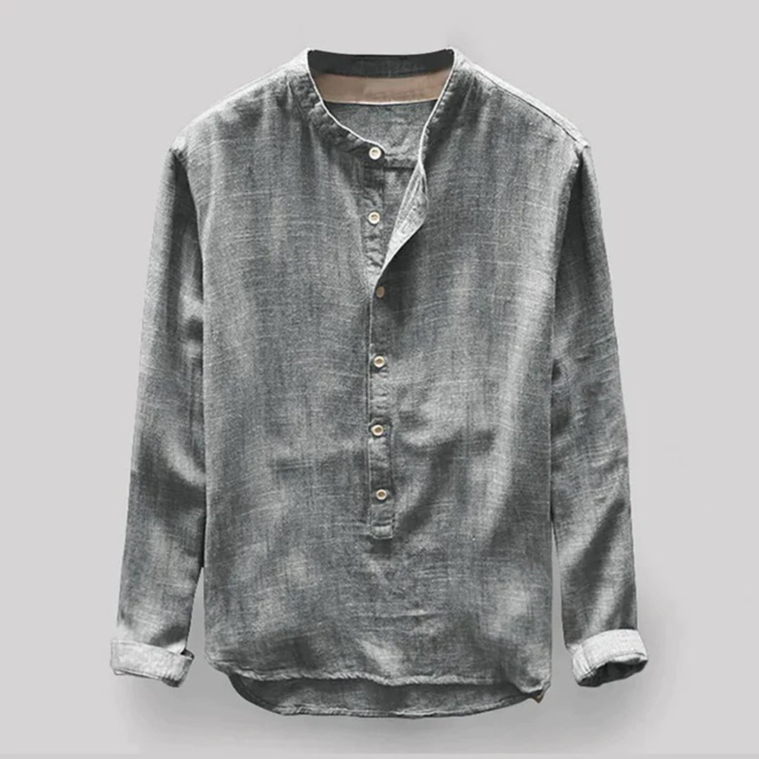 Men's Linen-Look Long-Sleeve Mandarin Collar Shirt – Elian