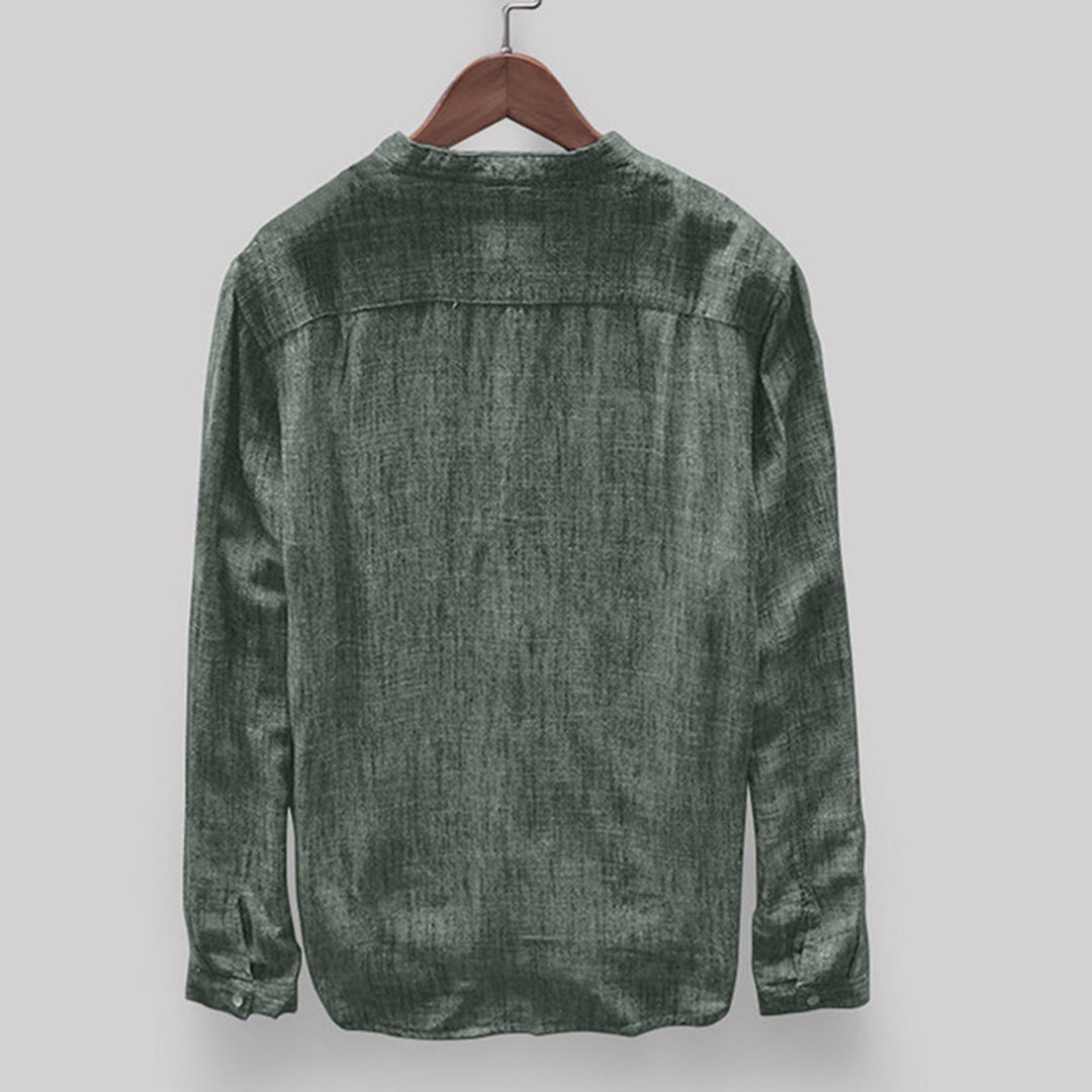 Men's Linen-Look Long-Sleeve Mandarin Collar Shirt – Elian