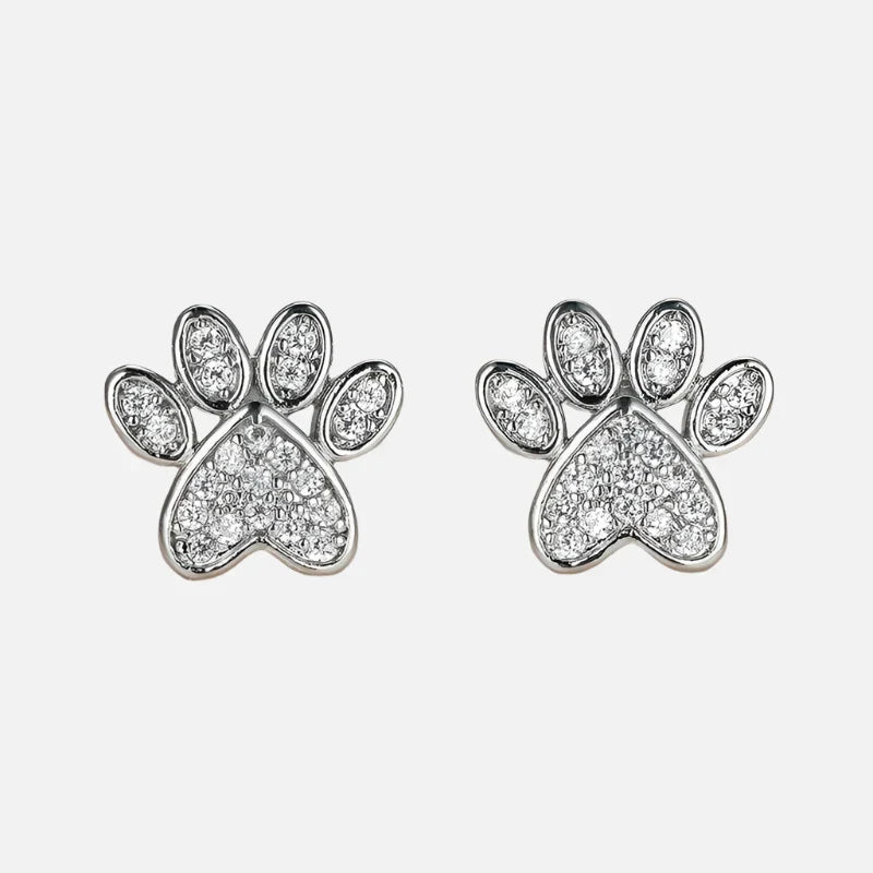 White Cubic Zirconia Paw Studs – Heart-Shaped Design
