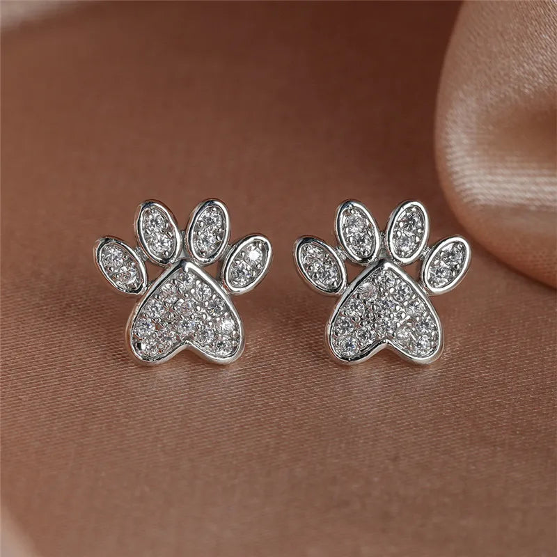 White Cubic Zirconia Paw Studs – Heart-Shaped Design