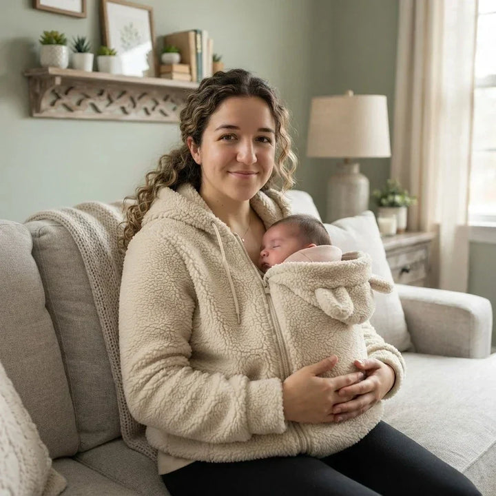 Cozy fleece baby-carrying hoodie with front pouch