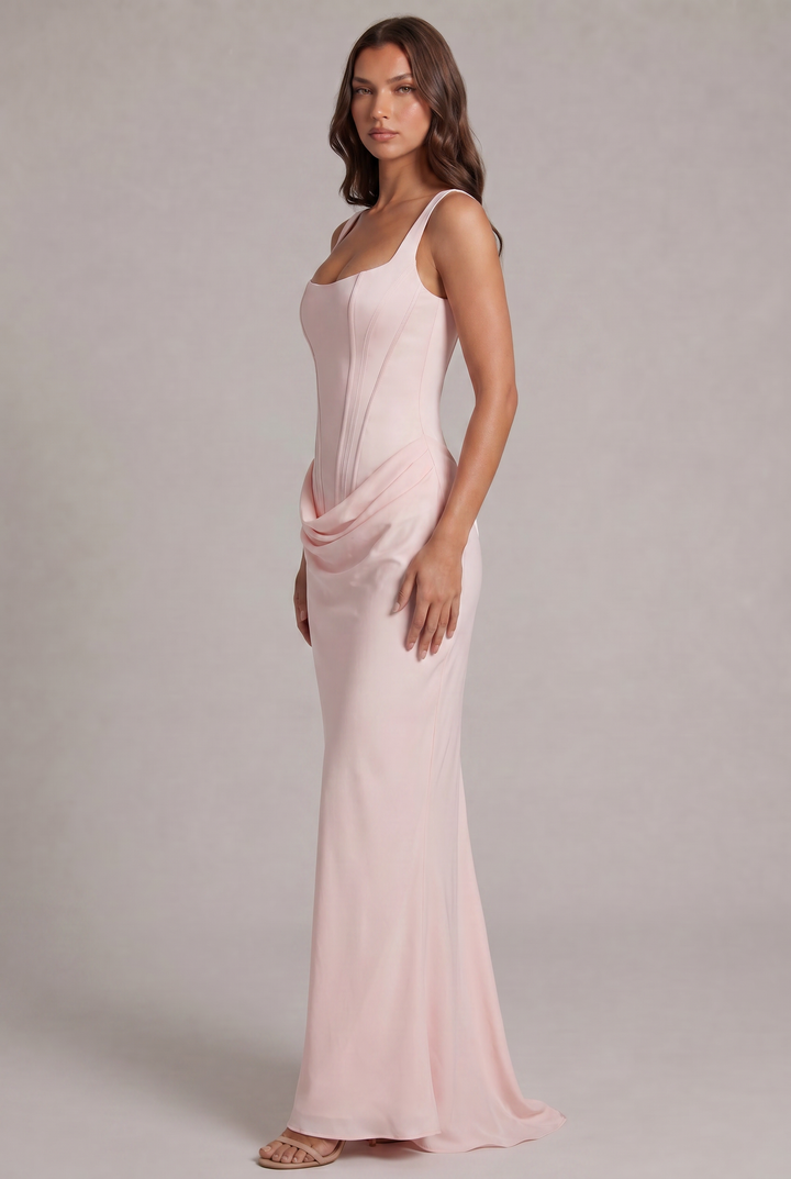Maxi dress with structured corset bodice and square neckline