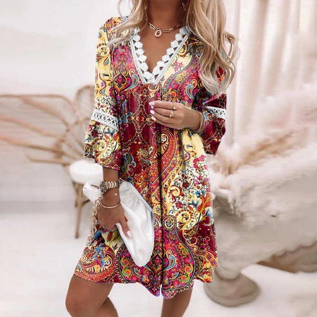Bohemian Dress with V-Neck and Lace Details