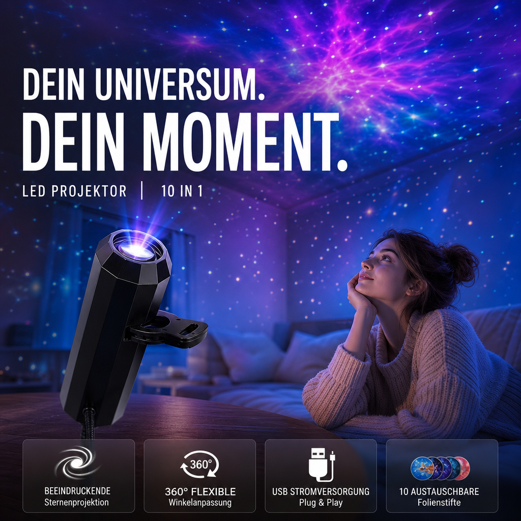 LED Galaxy Star Projector with 10 Slides and Flexible USB Arm