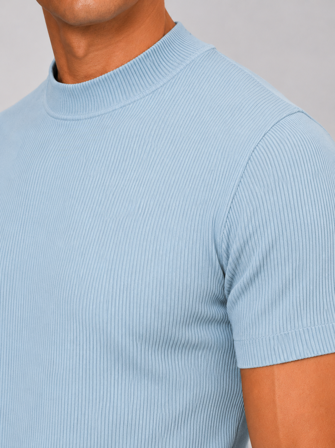 Men's ribbed T-shirt with stand-up collar – fitted stretch short-sleeved top