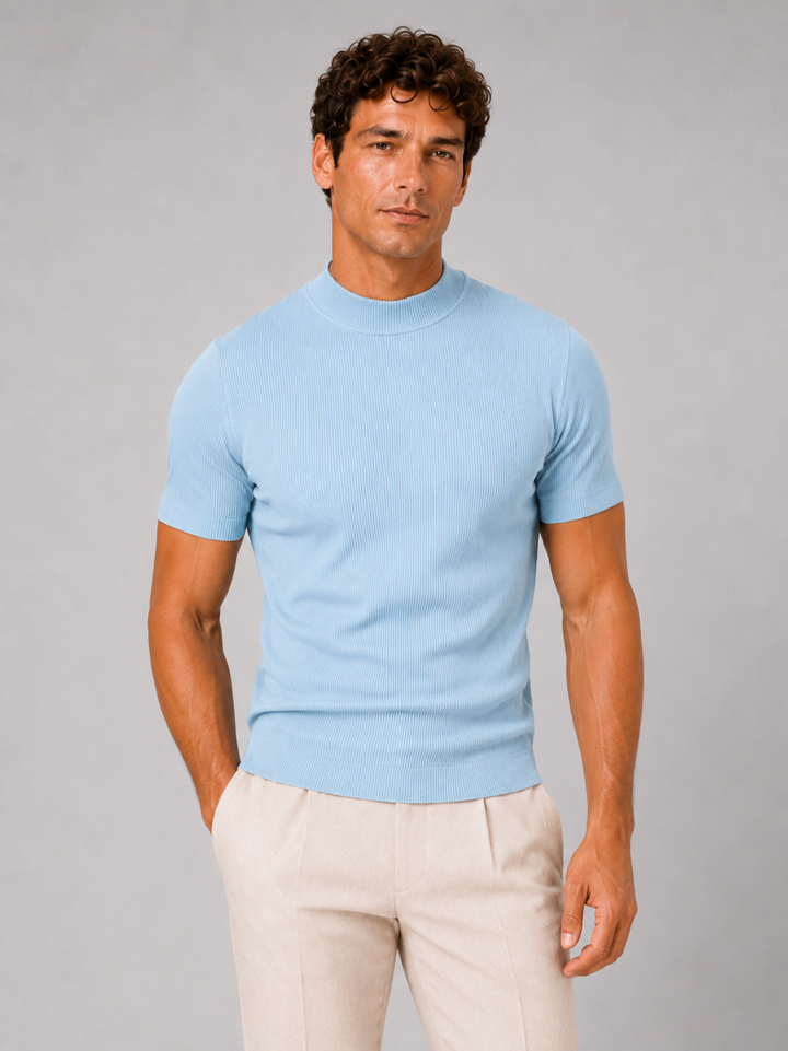 Men's ribbed T-shirt with stand-up collar – fitted stretch short-sleeved top