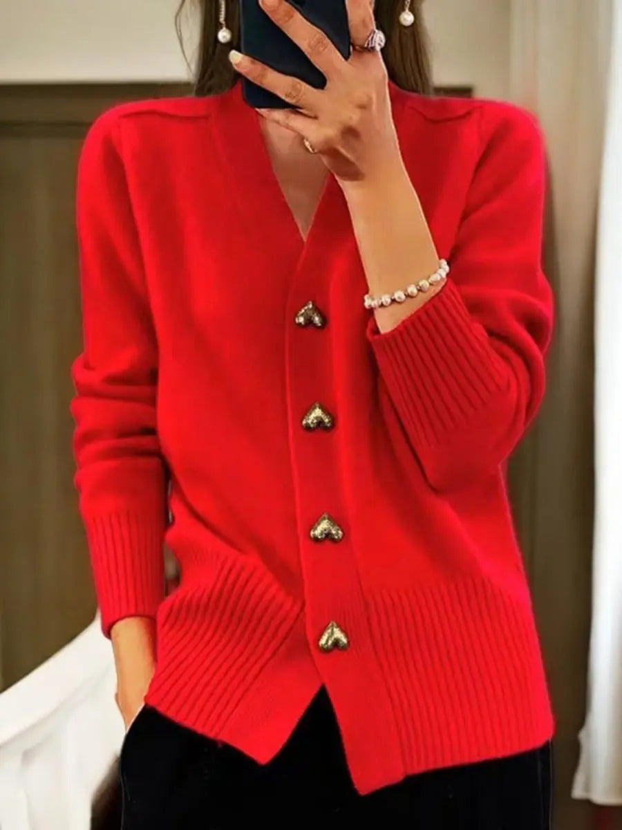 Long cardigan with V-neck and heart-shaped buttons