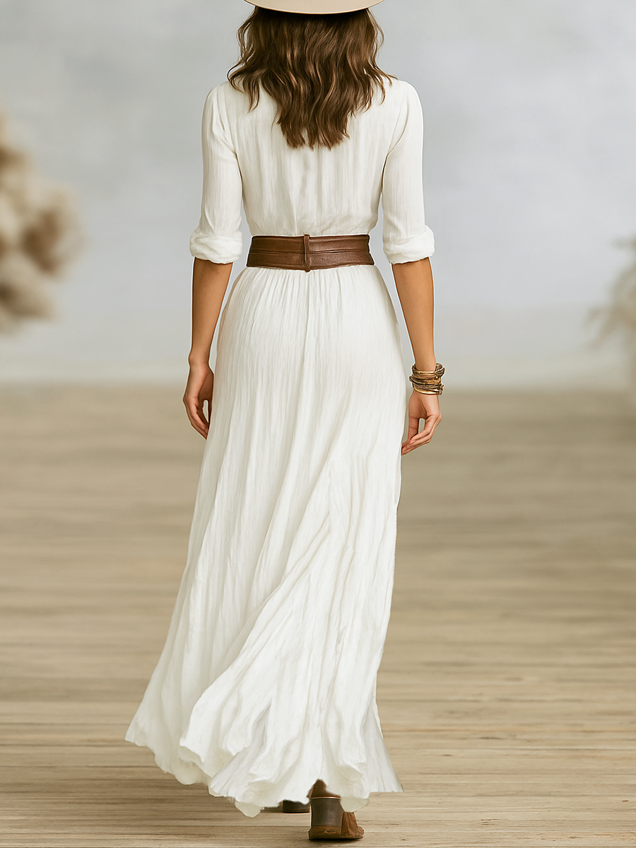 Maxi Dress with Belt and Button-Front for Women