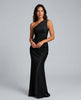 One-shoulder draped satin maxi dress