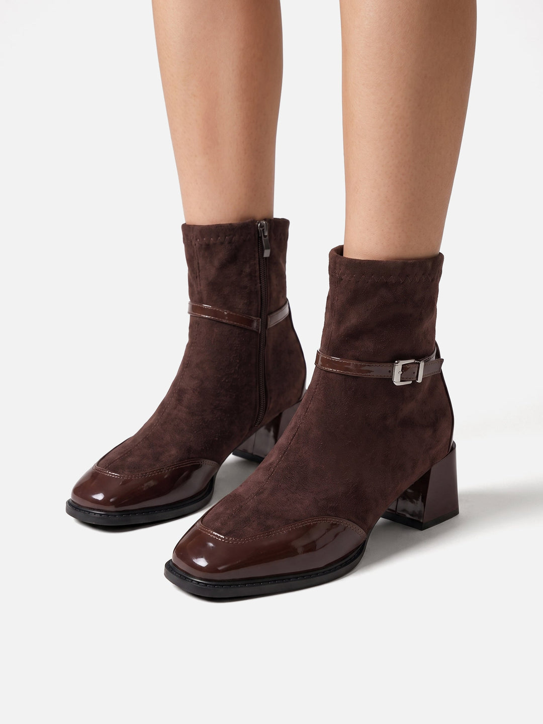 Women's Suede Buckle Ankle Boots with Block Heel