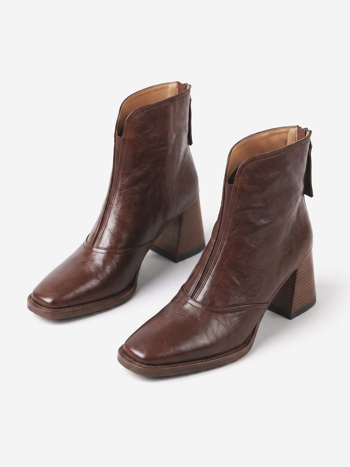 Women's Leather Zip Ankle Boots with Block Heel