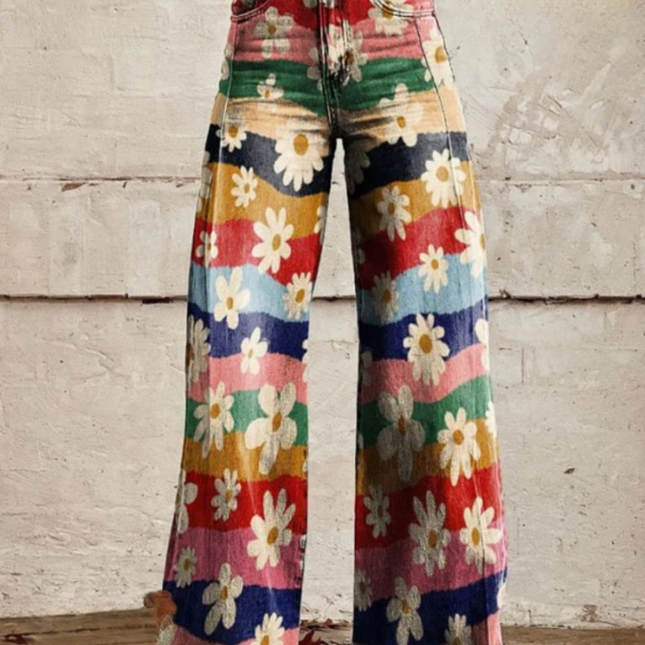 Trendy Retro Floral Flared Pants with High Waist – Mirella
