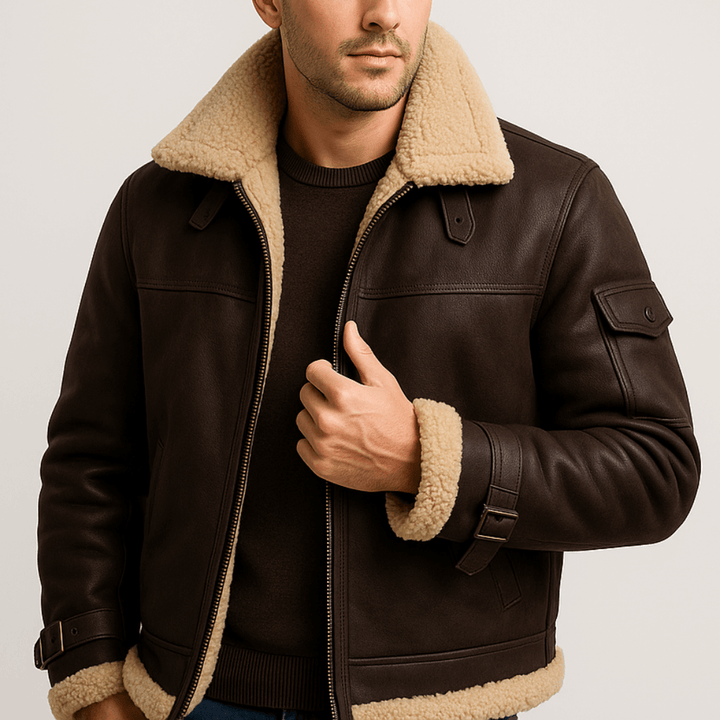 Men's Leather Jacket in a Classic Cut with Pockets