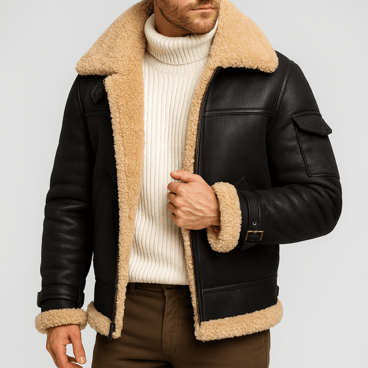 Men's Leather Jacket in a Classic Cut with Pockets