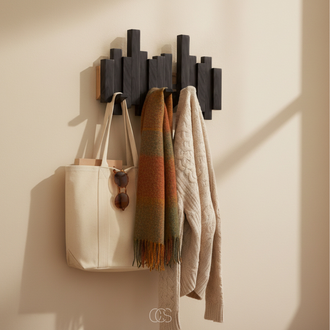 "Piano" wooden wall coat rack with folding hooks – hallway & bedroom