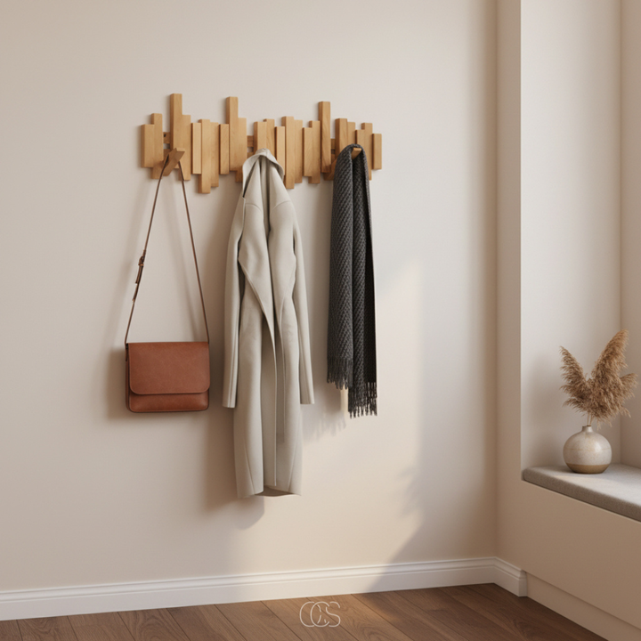"Piano" wooden wall coat rack with folding hooks – hallway & bedroom