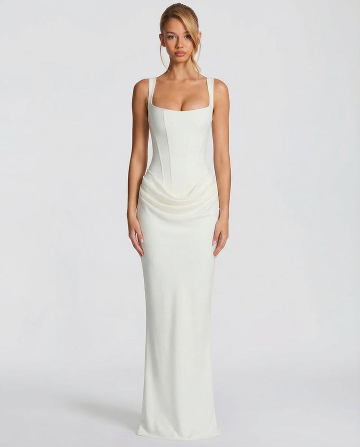 Corset Maxi Dress with Draped Skirt and Lace-Up Back