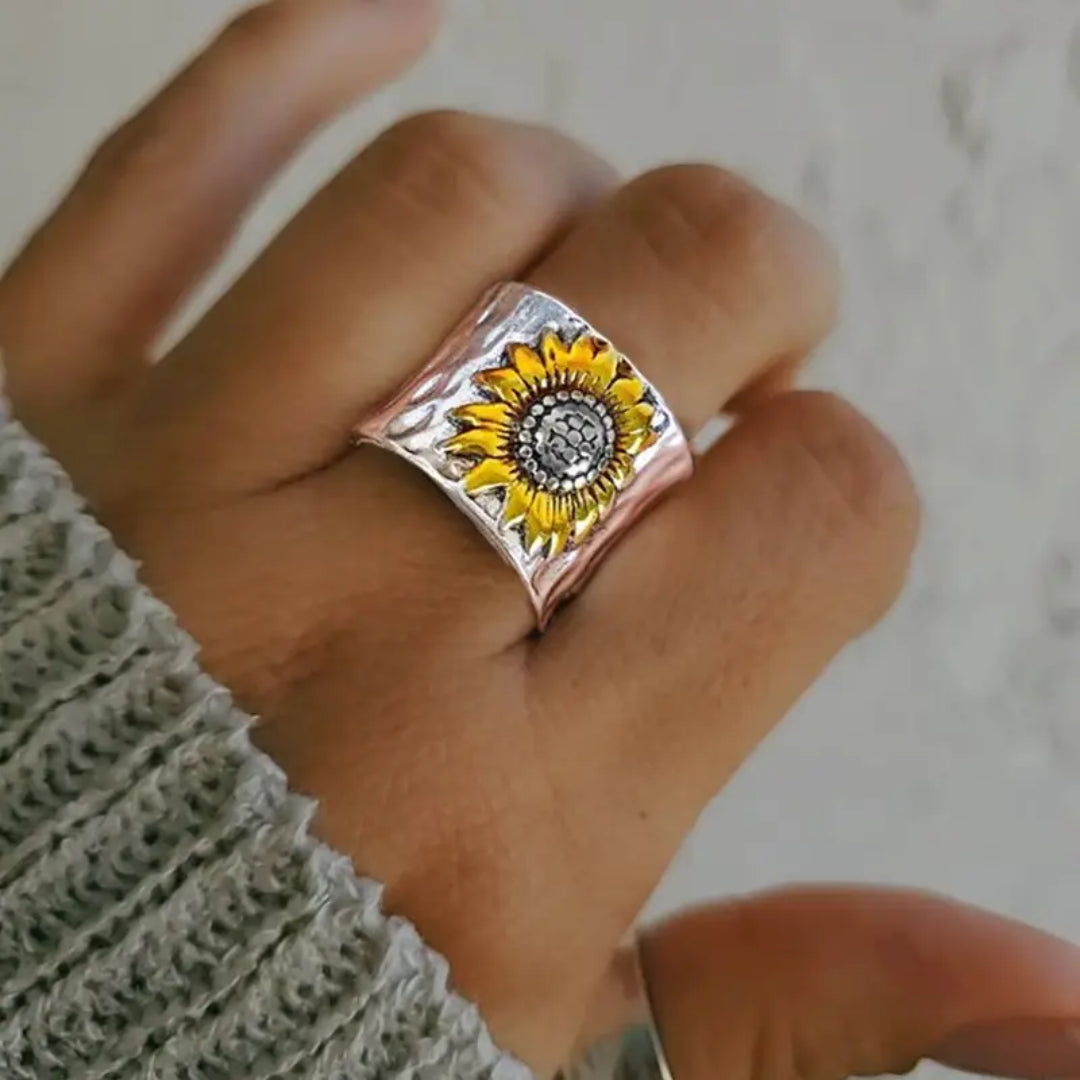 Silver Ring with Sunflower Design