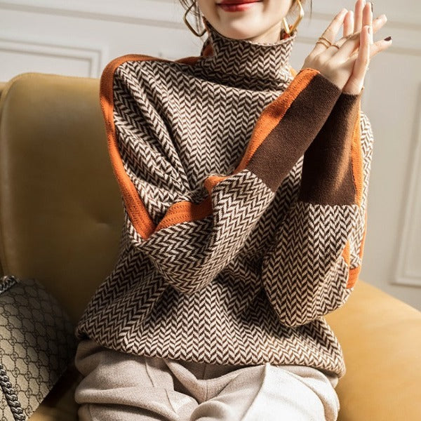 Women's Mock Neck Sweater with Bold Contrast Stripes