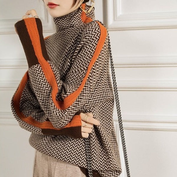 Women's Mock Neck Sweater with Bold Contrast Stripes
