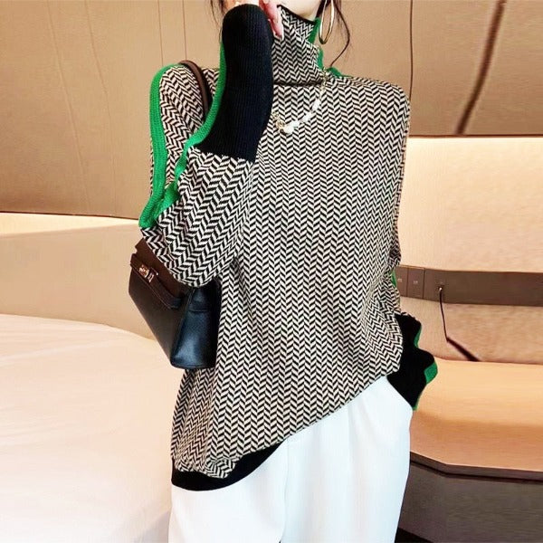 Women's Mock Neck Sweater with Bold Contrast Stripes