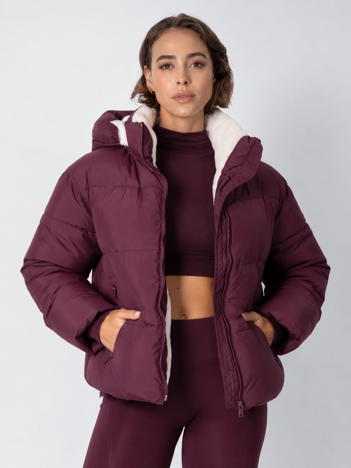 Women's Cropped Quilted Jacket with Removable Hood and Fleece Lining