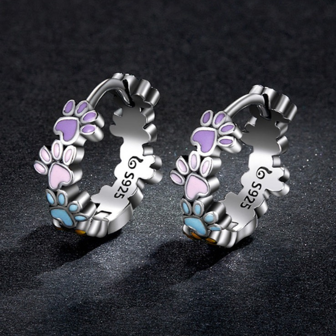 Colorful Paw Hoops Sterling Silver