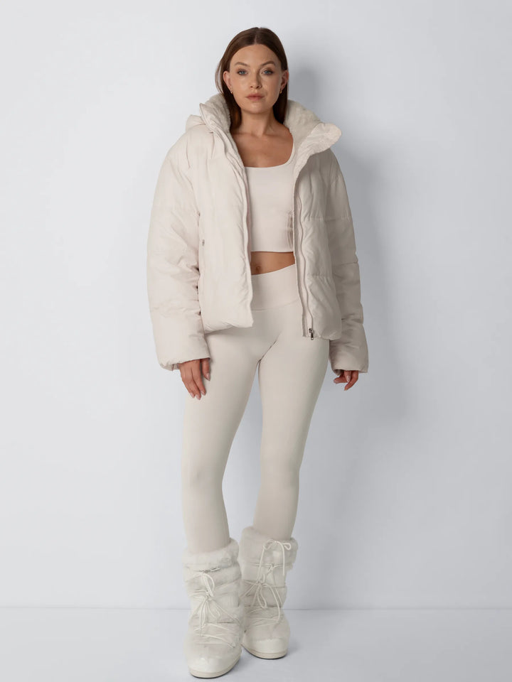 Women's Cropped Quilted Jacket with Removable Hood and Fleece Lining