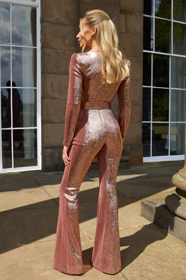 Sequin Jumpsuit with Corset Detail and Flared Legs