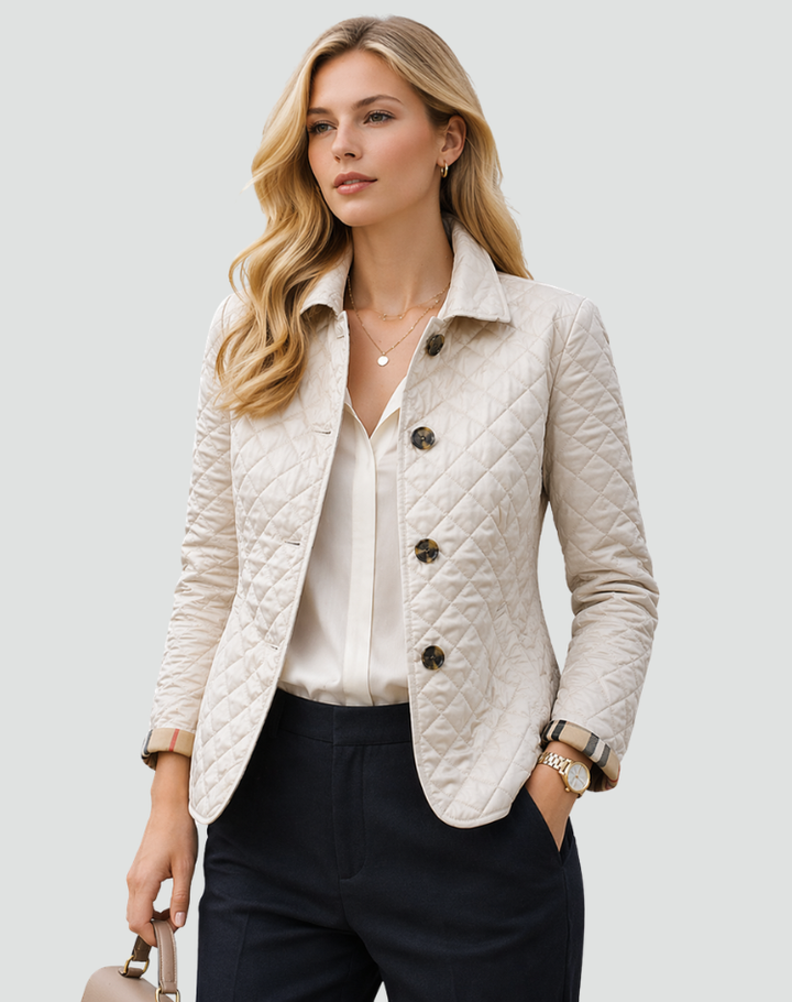 Quilted Puffer Jacket with Button Front and Diamond Stitching