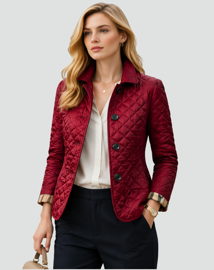 Quilted Puffer Jacket with Button Front and Diamond Stitching