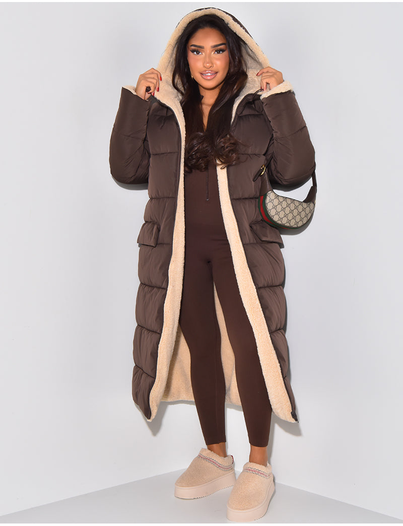 Reversible Women's Quilted Coat with Hood, Ankle-Length