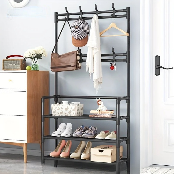 Coat Rack with Shoe Storage Shelf, Multi-Tier Steel Frame – EntryMate