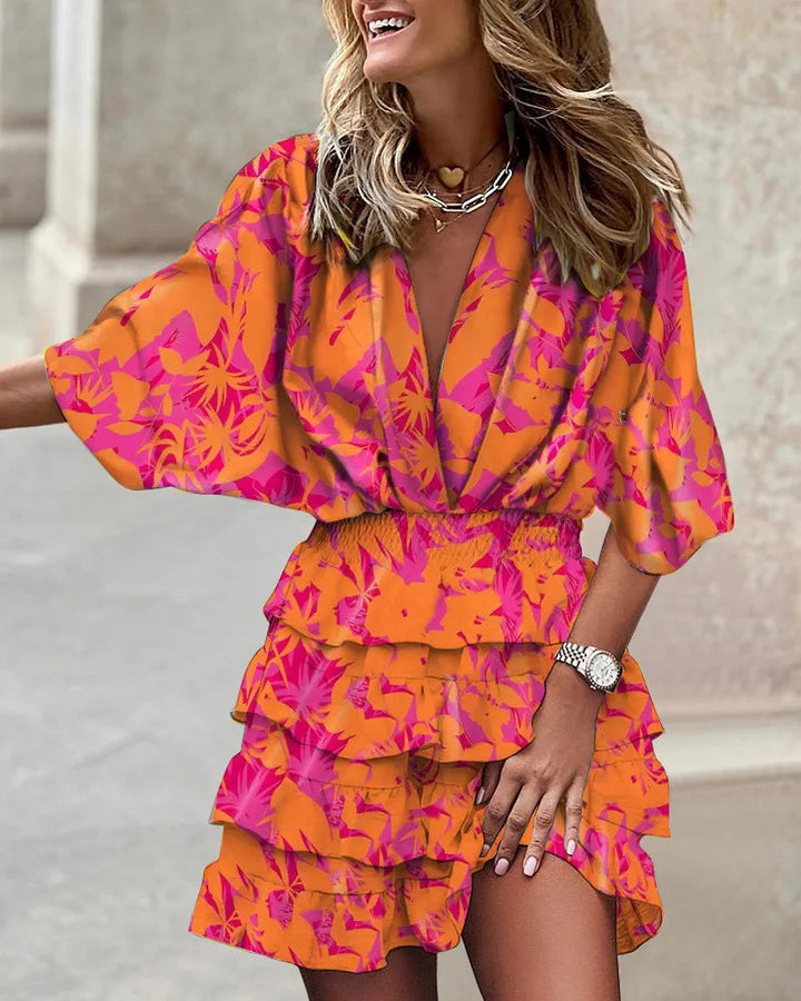 Floral Print Ruffle Tiered Wrap Dress