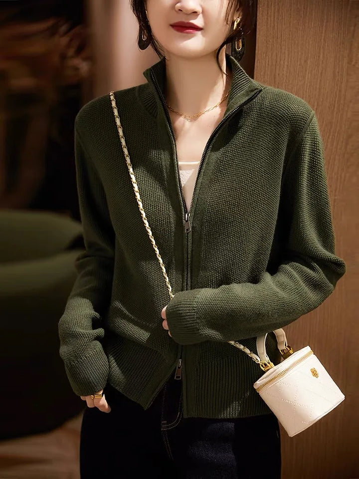 Women's Wool Zip Cardigan – Knitted Cardigan with High Collar