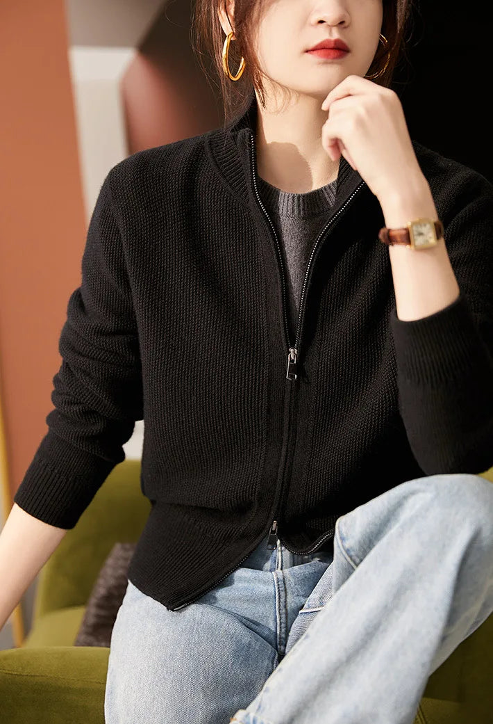 Women's Wool Zip Cardigan – Knitted Cardigan with High Collar