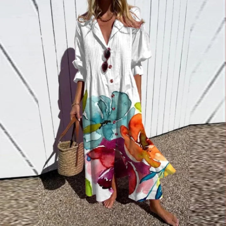 Floral Maxi Dress with V-Neck and Long Sleeves for Women