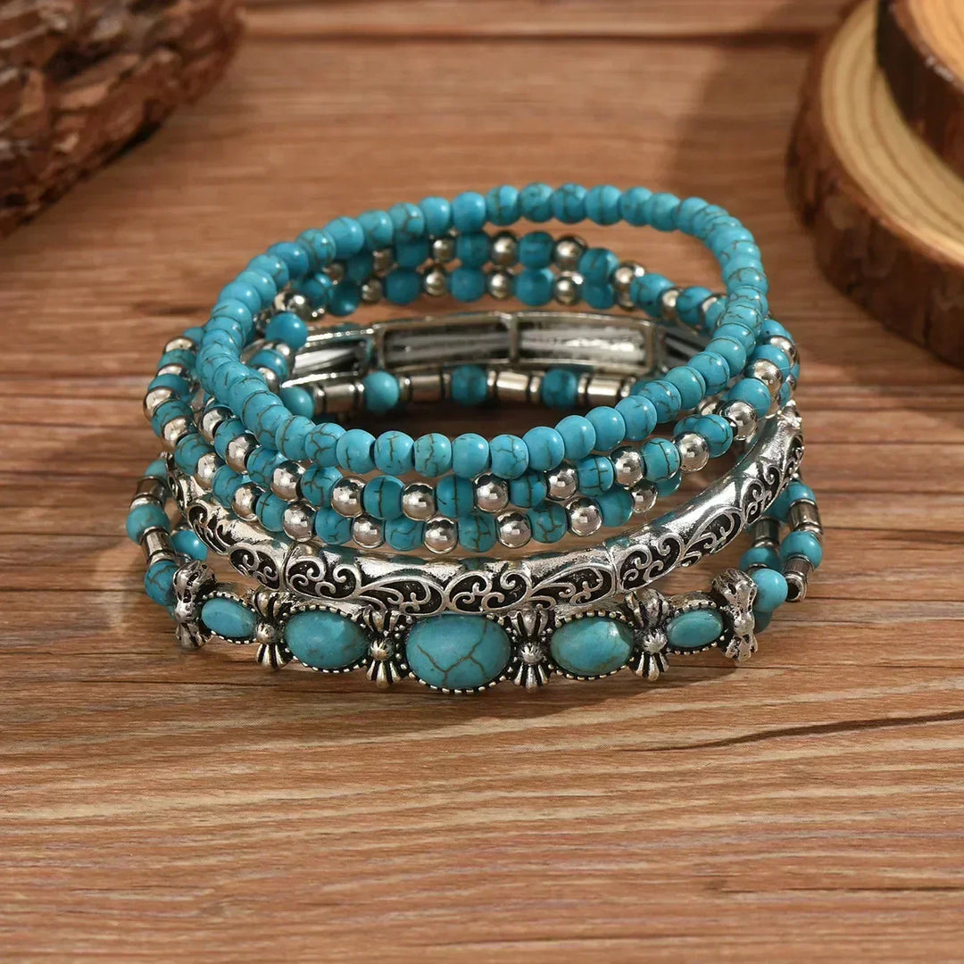 Set of 5 Bracelets with Turquoise Beads and Silver-Colored Details.