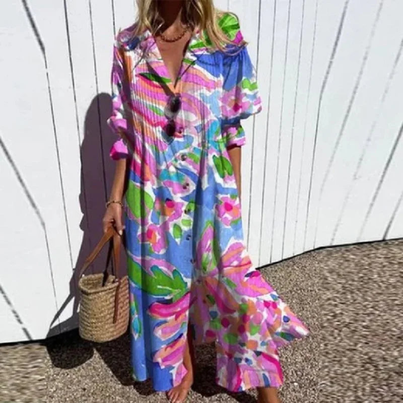 Floral Maxi Dress with V-Neck and Long Sleeves for Women