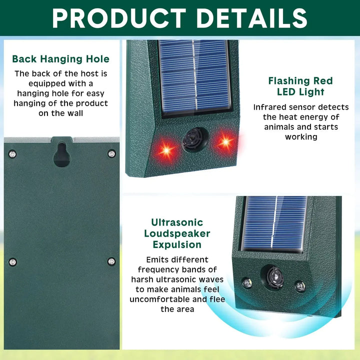SolarGuardix Solar Ultrasonic Bird Repeller | With LED and Motion Sensor | IP58 Waterproof | 600 m² Coverage