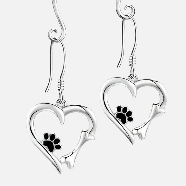 Silver Dangle Earrings with Heart & Paw Design