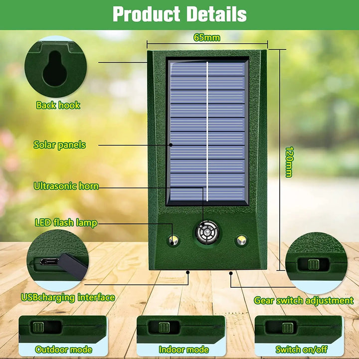 SolarGuardix Solar Ultrasonic Bird Repeller | With LED and Motion Sensor | IP58 Waterproof | 600 m² Coverage
