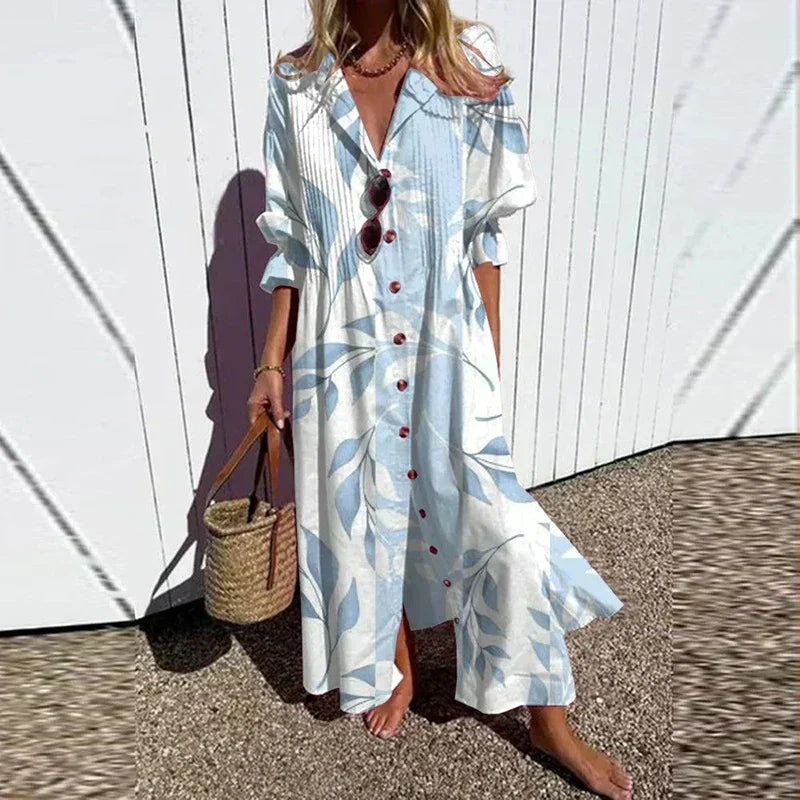 Floral Maxi Dress with V-Neck and Long Sleeves for Women