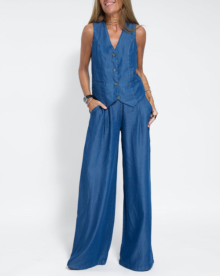 Linen 2-Piece Set with Wide-Leg Pants and Waistcoat – Alma